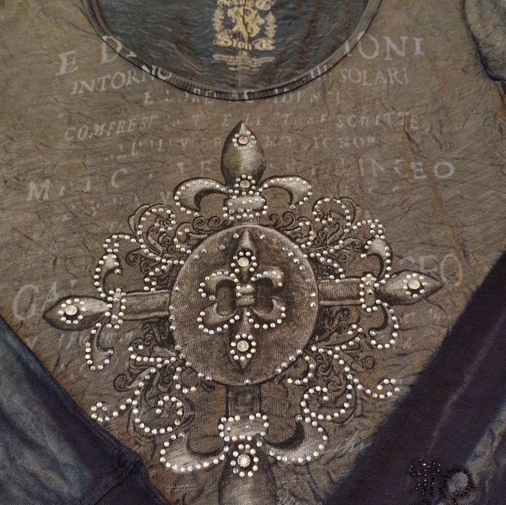 Y2K VELVET STONE ACID WASH TOP LONG SLEEVE EMBELLISHED FLEUR DE LIS BLING SMALL - Picture 8 of 10